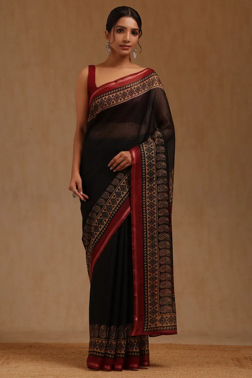 Black Art Silk Checked Sarees